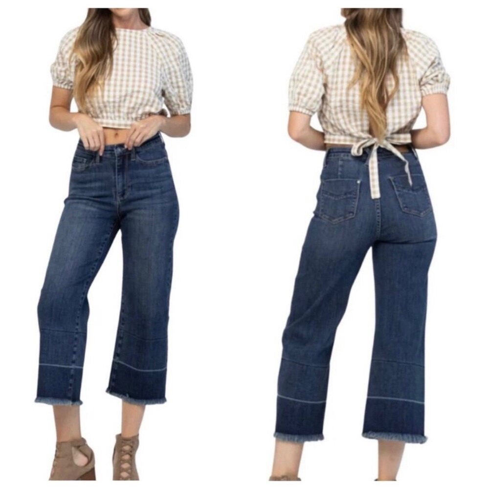 Judy Blue High Waisted Wide Leg Crop Jeans Raw Hem Sz 9/29 88490 Blue Stretch